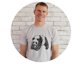 Panda Bear Graphic Tshirt, Short Sleeved Cotton Creweneck Unisex Tee Shirt, Light Grey, Black Ink, Zoo Animal, Short Sleeved Screen Printed
