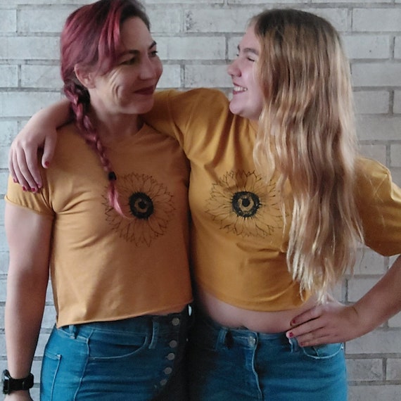 Sunflower Tshirt, Cropped TShirt, Crop Tee, Golden Yellow Top, Hand Printed Flower Shirt, Trendy Crop Tshirt, Ready To ship, Gifts for teens