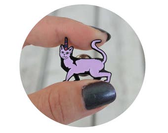 Caticorn Lapel Pin, Soft Enamel Pin, Cat with Unicorn Horn, Stocking Stuffer, Black and Purple, Hat Pin, Collectible Pins, Pin Game, Animal