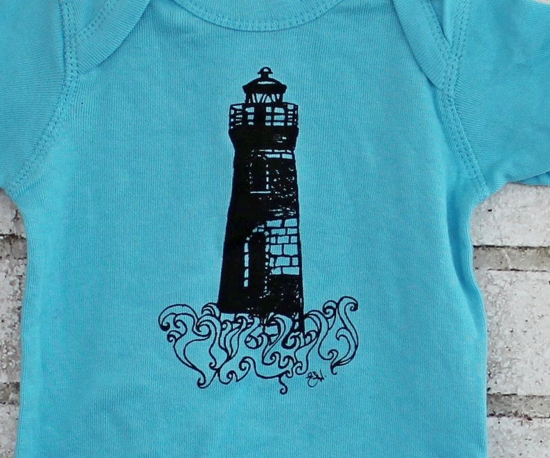 Lighthouse Baby Onepiece Light Aquamarine Blue Hand Screenprinted Infant Clothing Ocean Short Sleeved Cotton Clothing Sailing the Sea