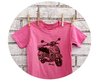 Toddler T Shirt, Childrens Scooter Tshirt in Hot Pink, Cotton Crewneck Tee, Short Sleeved Youth Shirt, Hand Printed, Screen-printed T Shirt