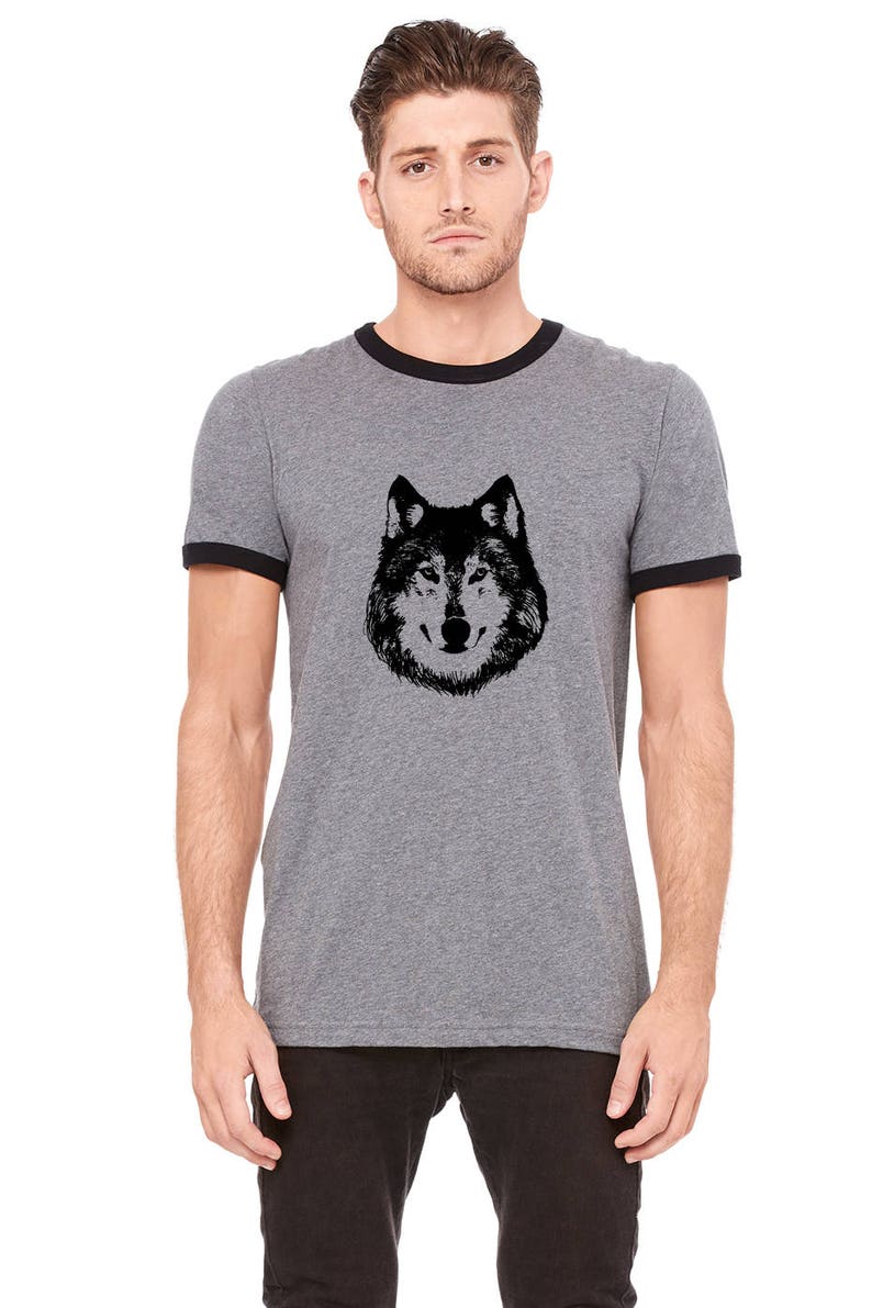 Wolf Ringer Tee Shirt, Lone Wolf Shirt, Unisex Ringer Tees, Shirts For Men, Wild Animal Tshirt, Hand Printed Graphic Tee Shirt Husky Dog Tee image 1