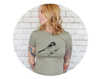 Chickadee Bird Shirt, Women's Clothes, Army Green Tshirt, Short Sleeve Cotton Crewneck, Hand Screenprinted, Light Olive Drab, Christmas Gift