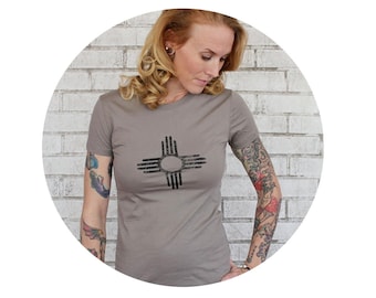 Zia Symbol Graphic Tee Shirt, Women's Shirt, Cotton Crewneck Tshirt, Sun Symbol, Albuquerque NM, New Mexico, Short Sleeved, Hand Printed