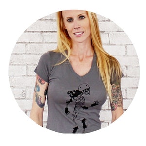 Women's Roller Derby T Shirt, Vneck Graphic Tee, Skeleton Derby Girl, Grey, Gray, Cotton, Tshirt image 1