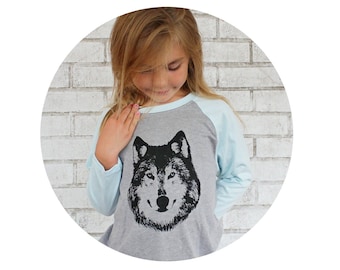 Wolf Shirt For Children, Kids Clothing, Baseball Tee, Blue and Grey Woodland Animal Graphic Tee Shirt, Hand Printed Tshirt, Gift For Toddler