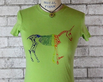 Womens Tshirt, Rainbow unicorn skeleton tee shirt,  apple green or custom colors, Ladies cotton crewneck