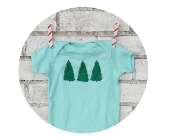 Pine Tree Baby Clothes, Onepiece Bodysuit, ready to ship months , Hand Screen-printed, Christmas Tree Happy Holidays Winter Evergreen Hiking