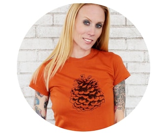 Nature T Shirt, Rust Orange Pine Cone TShirt, Screen-printed Graphic Tee Shirt, Cotton Crewneck , Evergreen, Womens Shirt, Gift For Her