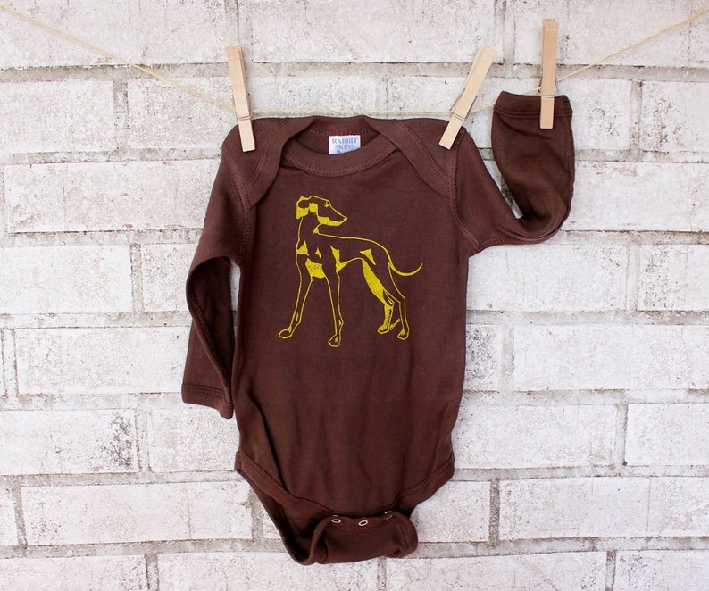 Greyhound Baby Shirt Family Pet Brown and Yellow Long Sleeved Dog Lover Cotton Hand Printed Onepiece Baby Bodysuit Italian Grey Hound