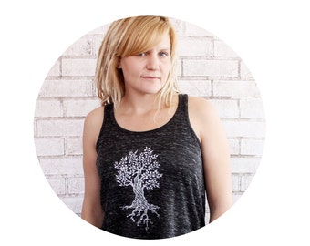 Flowy Racerback Tree Tank Top, Sleeveless Blouse, Hand Printed, Nature Inspired, workout tank, Black and White, Forrest, Arboretum, comfort