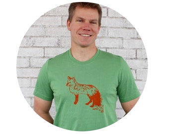 Mens T shirt Woodland Fox Cotton Crew-neck Tshirt in Apple Green, Graphic Tee Short Sleeved, Screenprinted Shirt, Made To Order hand printed