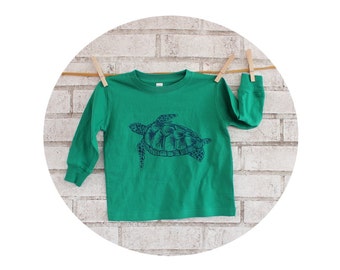 Turtle Youth Tshirt, Long Sleeved Toddler Tshirt With Sea Turtle, Ocean Animal, Kids Clothing, Hand Screenpritned Tee Shirt, Kelly Green