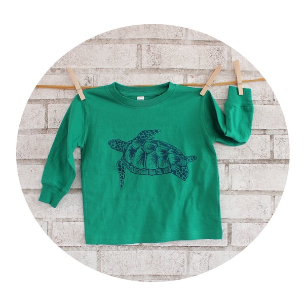 Turtle Youth Tshirt, Long Sleeved Toddler Tshirt With Sea Turtle, Ocean Animal, Kids Clothing, Hand Screenpritned Tee Shirt, Kelly Green