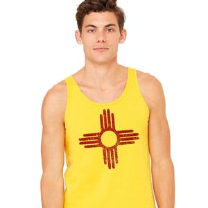 Zia Tank Top, Unisex Tank Top, New Mexico Flag, Distressed Zia Sun Symbol, Gym Shirt Gift For Men Men's Top Gold and Red Screenprinted Shirt image 1