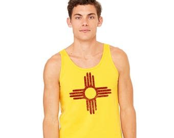 Zia Tank Top, Unisex Tank Top, New Mexico Flag, Distressed Zia Sun Symbol, Gym Shirt Gift For Men Men's Top Gold and Red Screenprinted Shirt