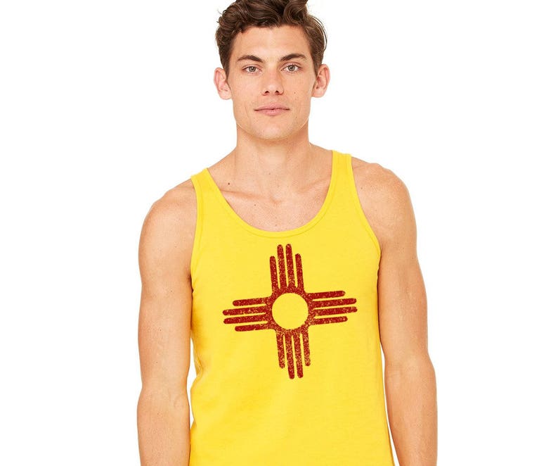 Zia Tank Top, Unisex Tank Top, New Mexico Flag, Distressed Zia Sun Symbol, Gym Shirt Gift For Men Men's Top Gold and Red Screenprinted Shirt image 1