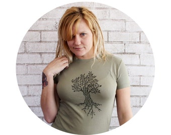 Hand Printed Tree Tshirt, Ladies Fitted Top, Graphic Tee Shirt, Short Sleeved, Fall Tree With Leaves, Light Olive Drab, Super Soft Cotton