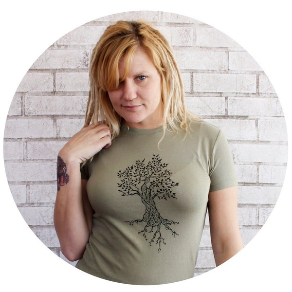 Hand Printed Tree Tshirt, Ladies Fitted Top, Graphic Tee Shirt, Short Sleeved, Fall Tree With Leaves, Light Olive Drab, Super Soft Cotton