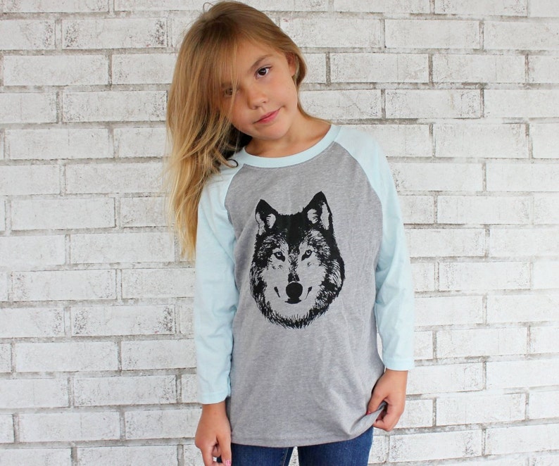 Wolf Shirt For Children, Kids Clothing, Baseball Tee, Blue and Grey Woodland Animal Graphic Tee Shirt, Hand Printed Tshirt, Gift For Toddler image 2