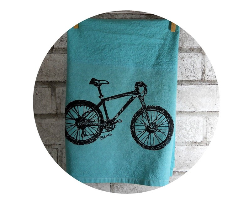 Mountain Bike Cotton Tea Towel or Dish Towel in teal or custom colors image 1