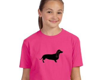 Doxie Tshirt, Dachshund Graphic Tee, Wiener Dog Shirt For Kids, Hot Pink Cotton Crewneck, Hand Printed, Gift For Girls, Gifts For Boys