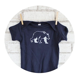 Bear Baby Clothes, Wild Animal Shirt, Short Sleeved Cotton Onepiece Bodysuit, Navy Blue Unisex Baby Shirt, Baby Shower Gift, Short Sleeved