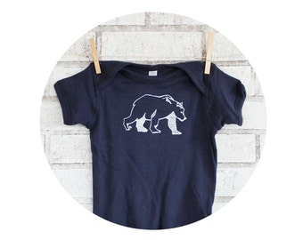 Bear Baby Clothes, Wild Animal Shirt, Short Sleeved Cotton Onepiece Bodysuit, Navy Blue Unisex Baby Shirt, Baby Shower Gift, Short Sleeved