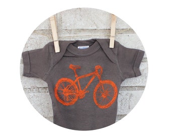 Mountain Bike Baby Bodysuit, Onepiece Screenprinted Shirt, Infant Clothing, Unisex, Grey Gray, Short Sleeved, Hand Printed, Cotton, Orange