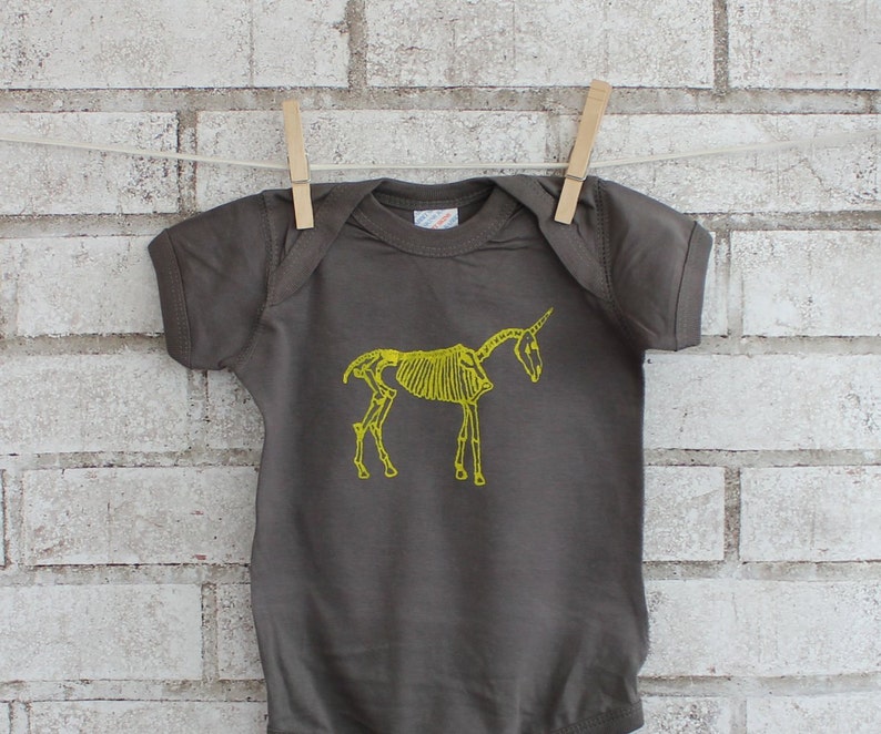 Grey Hand Printed by Artist Yellow Cotton One Piece Unicorn skeleton Baby Onepiece Bodysuit Short Sleeved Fantasy Animal Screenprint