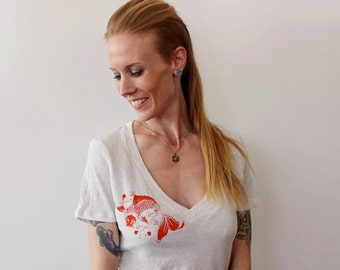 Koi Fish Ladies Vneck Screenprinted T Shirt, Hand Printed, Oatmeal Cream, Ivory off White, Goldfish, Sexy Deep V Neck Shirt, Short Sleeved