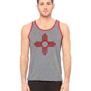 Zia Tank Top, Unisex Tank Top, New Mexico Flag, Distressed Zia Sun Symbol, Gym Shirt Gift For Men Men's Top Gold and Red Screenprinted Shirt image 4