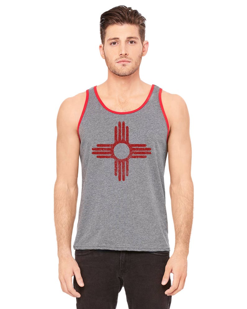 Zia Tank Top, Unisex Tank Top, New Mexico Flag, Distressed Zia Sun Symbol, Gym Shirt Gift For Men Men's Top Gold and Red Screenprinted Shirt image 4