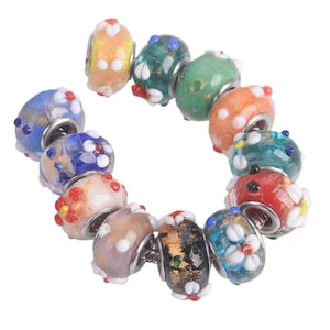 5pcs Handmade Flower 15x9mm Rondelle Murano Lampwork Glass Loose Big Hole Beads Fit European Charm Bracelet Jewelry Making DIY