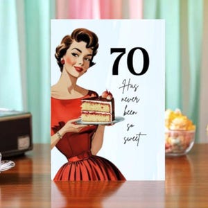 Cartão de aniversário vintage de 70 anos para sua comemoração de marco dos anos 1950 Cartão de aniversário retrô para mãe, avó, amiga ou mulher que está fazendo 70 anos
