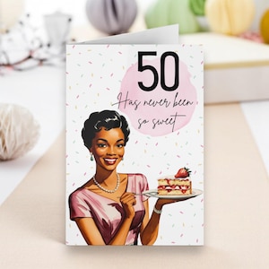 Cartão de aniversário de 50 anos da década de 1950 para sua mulher afro-americana, design vintage, comemoração de marco, cartão de aniversário retrô para amantes de doces