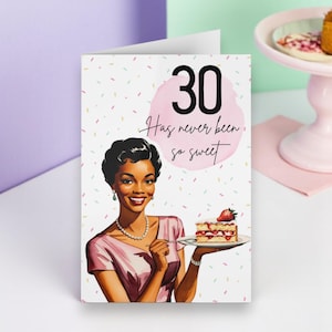 Cartão de aniversário de 30 anos dos anos 1950 para sua mulher afro-americana, design vintage, comemoração de marco, cartão de aniversário retrô para amantes de doces