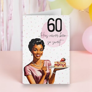 Carte d'anniversaire vintage des années 1950 pour femme afro-américaine, voeux de célébration d'un jalon vintage, carte d'anniversaire rétro pour amateurs de bonbons