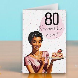 Carte d'anniversaire rétro des années 1950 pour elle, femme afro-américaine, design vintage, célébration d'un jalon, carte d'anniversaire rétro pour les amateurs de sucreries