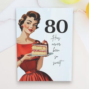 Cartão de aniversário vintage de 80 anos para sua comemoração de marco dos anos 1950 Cartão de aniversário retrô para mãe, avó, amiga ou mulher que está fazendo 80 anos
