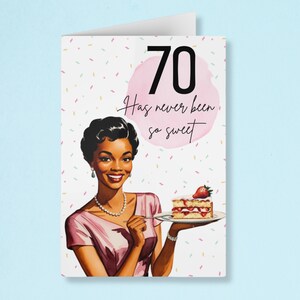 Cartão de aniversário de 70 anos dos anos 1950 para sua mulher afro-americana, design vintage, comemoração de marco, cartão de aniversário retrô para amantes de doces