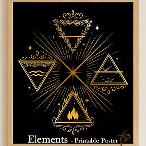 Könnte beinhalten: Ein gerahmtes schwarzes Poster mit goldenen geometrischen Formen, die die Elemente darstellen. Das Design umfasst Dreiecke, Sterne und einen zentralen Sternenstrahl. Der Text "Elements - Printable Poster" befindet sich unten.