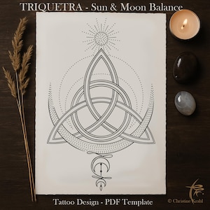 Puede incluir: Diseño de tatuaje en blanco y negro sobre papel pergamino. El diseño presenta un símbolo de triquetra con elementos de sol y luna, y el texto "TRIQUETRA - Sun & Moon Balance" y "Tattoo Design - PDF Template".