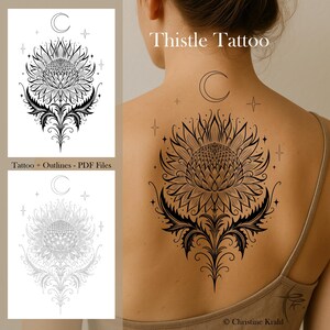 May include: Black and white thistle tattoo design with a crescent moon and star accents. The design is displayed on a person's back and also as a PDF file. The text "Thistle Tattoo" is visible.