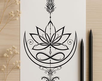 May include: Black and white Lotus Arrow Tattoo design on white paper. The design features a lotus flower, crescent moon, and other ornamental elements. Two black pens are next to the paper. The text "Lotus Arrow Tattoo" is at the bottom.