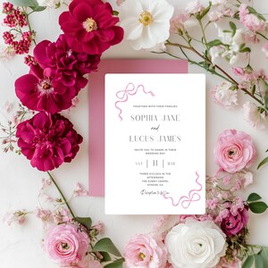 Elegant Pink Bow Wedding Invitation Template | Romantic Blush Wedding Invite | Printable and Editable Invitation Design - B1W
