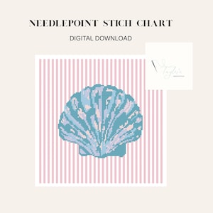 Puede incluir: Gráfico digital de punto de aguja con un diseño de concha. La concha está representada en tonos azules y rosas, sobre un fondo de rayas verticales rosas y blancas. El texto "NEEDLEPOINT STICH CHART DIGITAL DOWNLOAD" está en la parte superior.