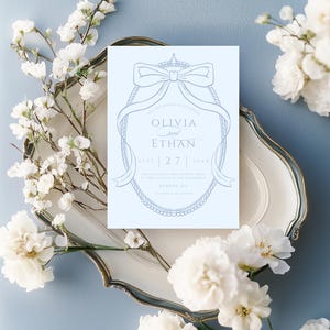 Plantilla elegante de invitación de boda con lazo azul / Conjunto de boda clásico y atemporal / Invitación digital editable - B2B
