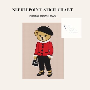 May include: Needlepoint stitch chart digital download featuring a teddy bear wearing a red jacket, black pants, and a beret. The bear is holding a small black bag. The background is a light pink color.