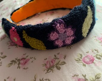 Dark Blue Floral Hand Tufted Punch Needle Headband
